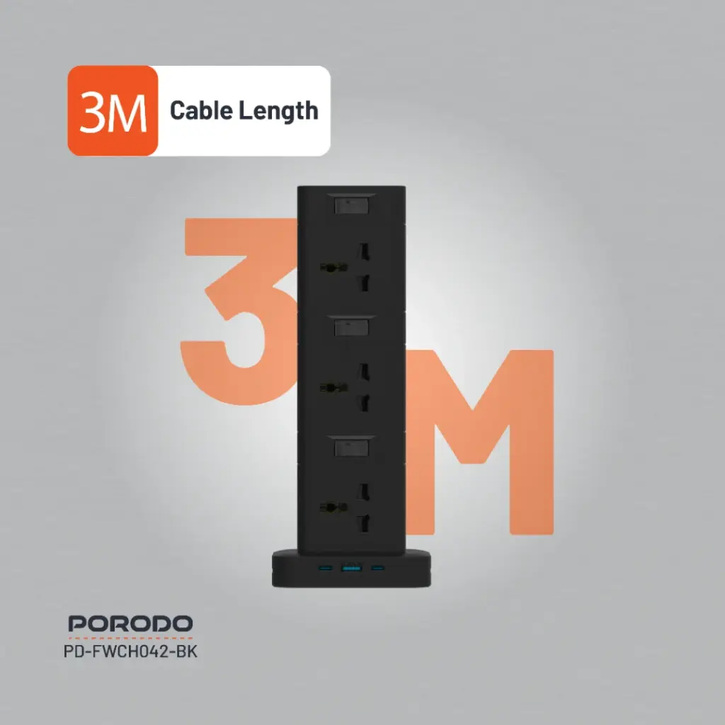 Porodo Three-Story 12AC Power Hub With USB-C PD & Quick Charge 3.0 - Black