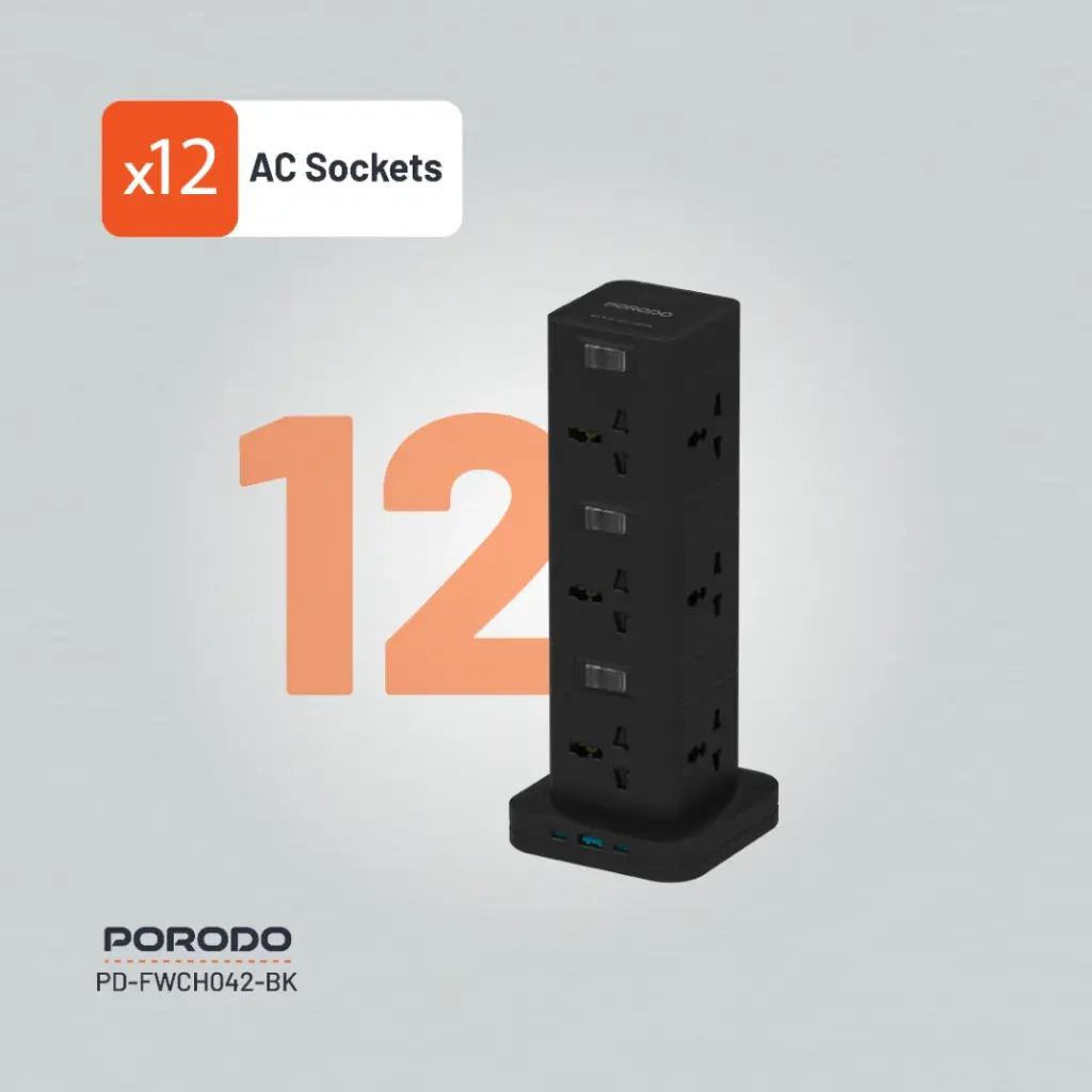 Porodo Three-Story 12AC Power Hub With USB-C PD & Quick Charge 3.0 - Black