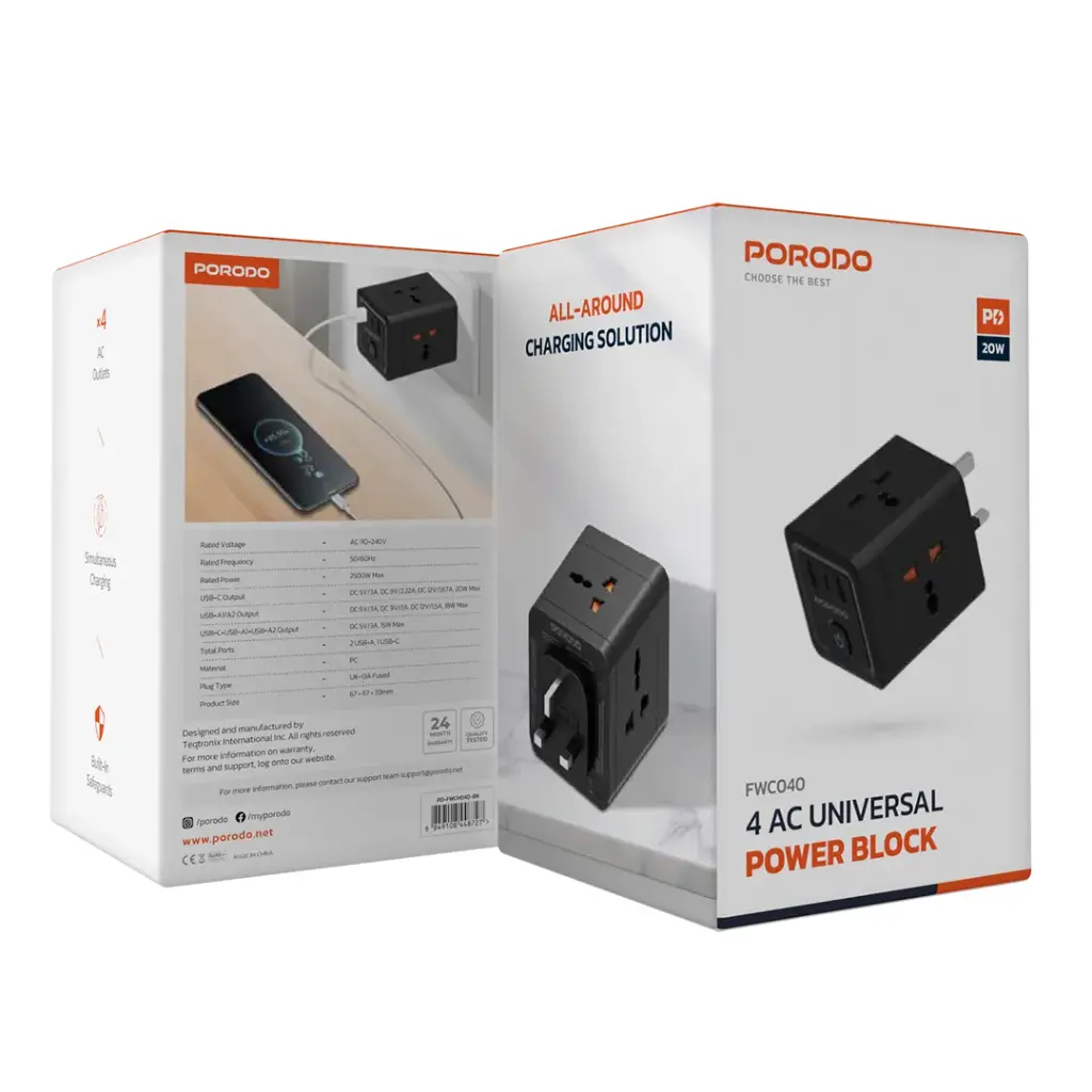 Porodo 4 AC Universal Power Block - Black