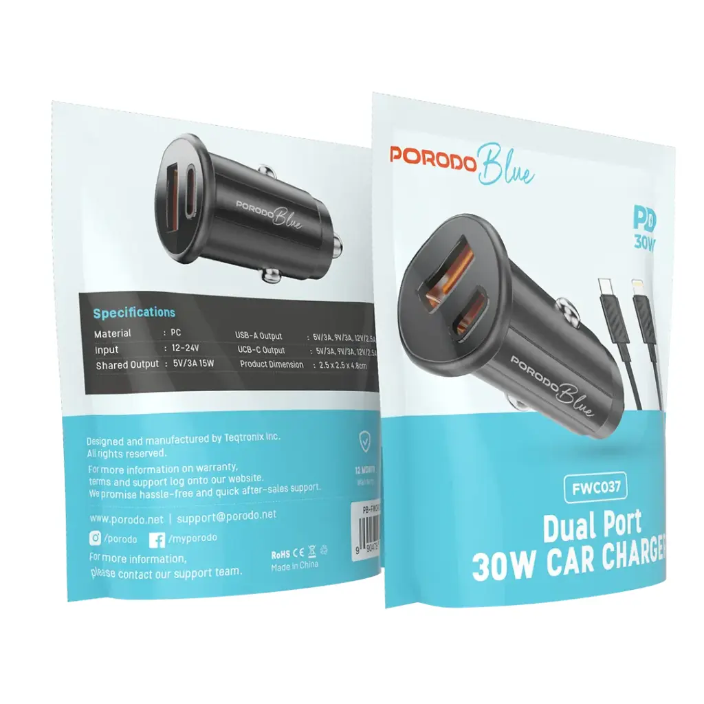 Porodo Blue Dual Port 30W Car Charger with C-L Cable - Black