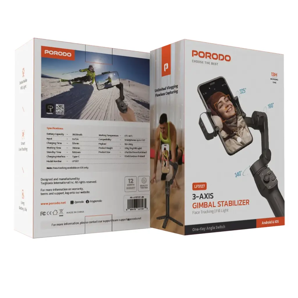 Porodo 3-Axis Gimbal Stabilizer Magnetic Fill Light - Black