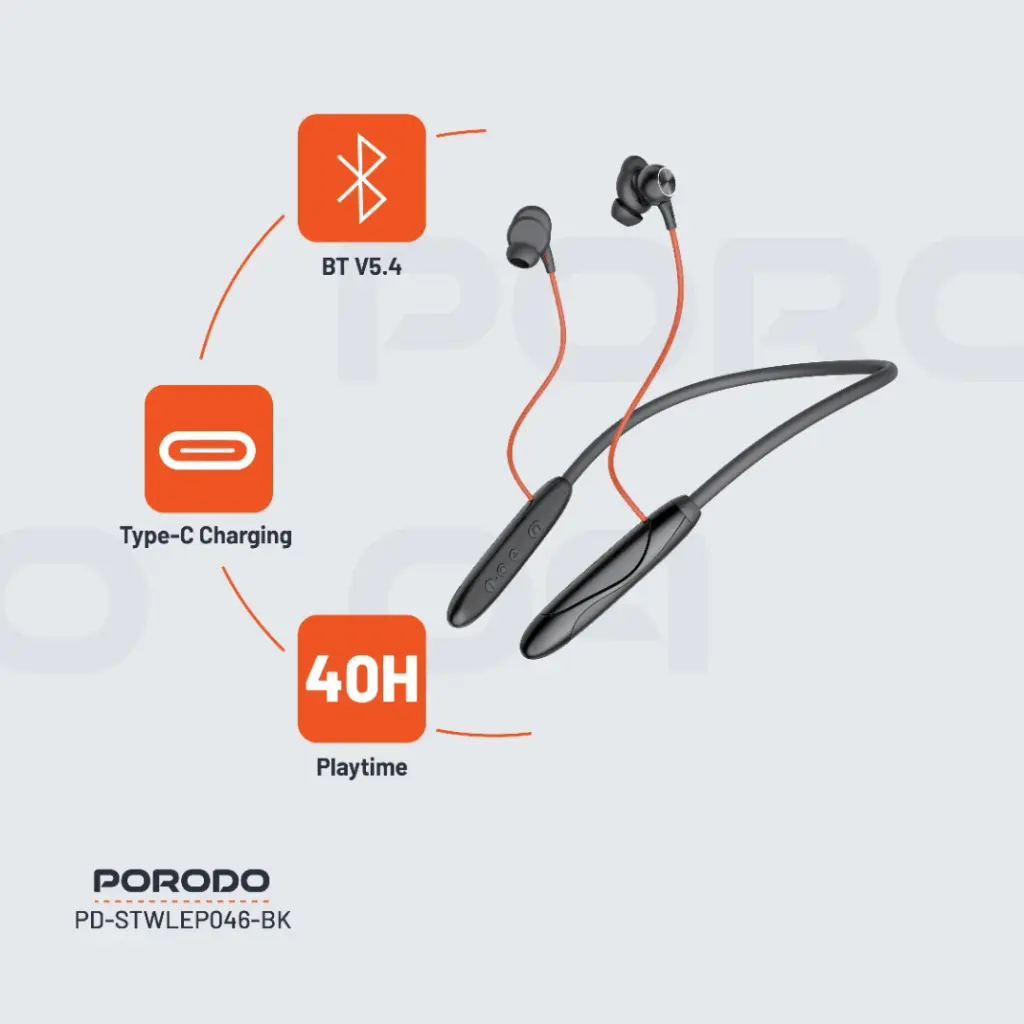 Porodo Soundtec Echo Flex Magnetic Buds Hall-Switch Technology - Black