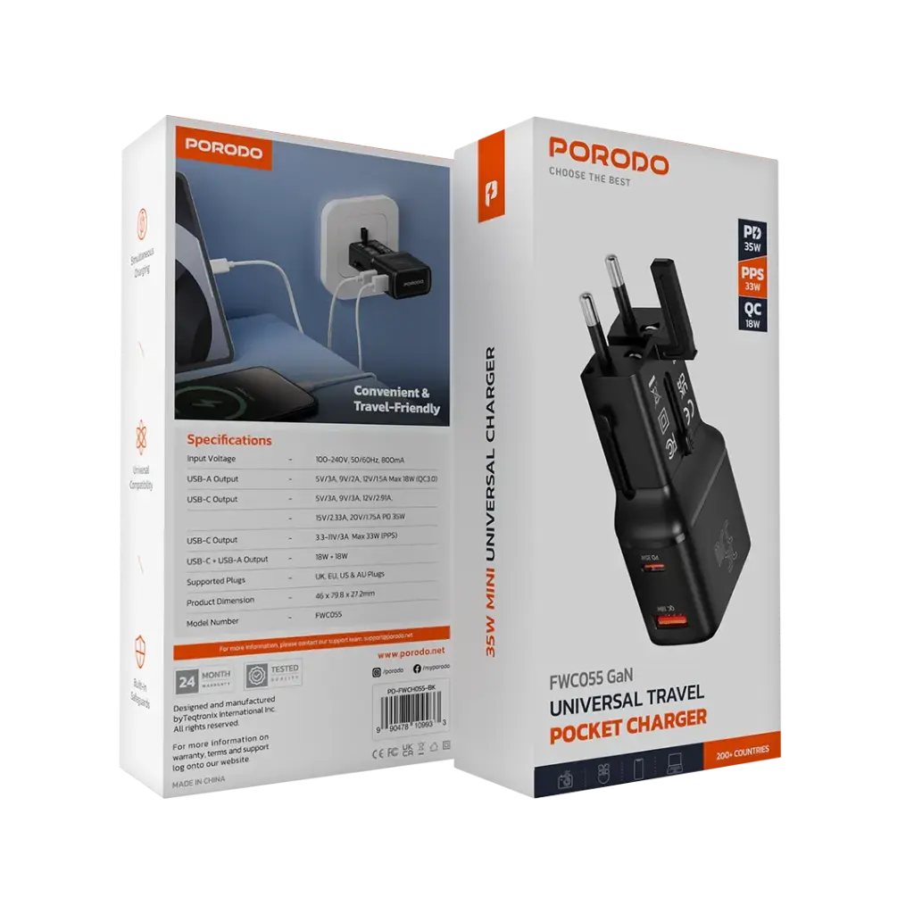 Porodo Universal Travel Pocket Charger - Black