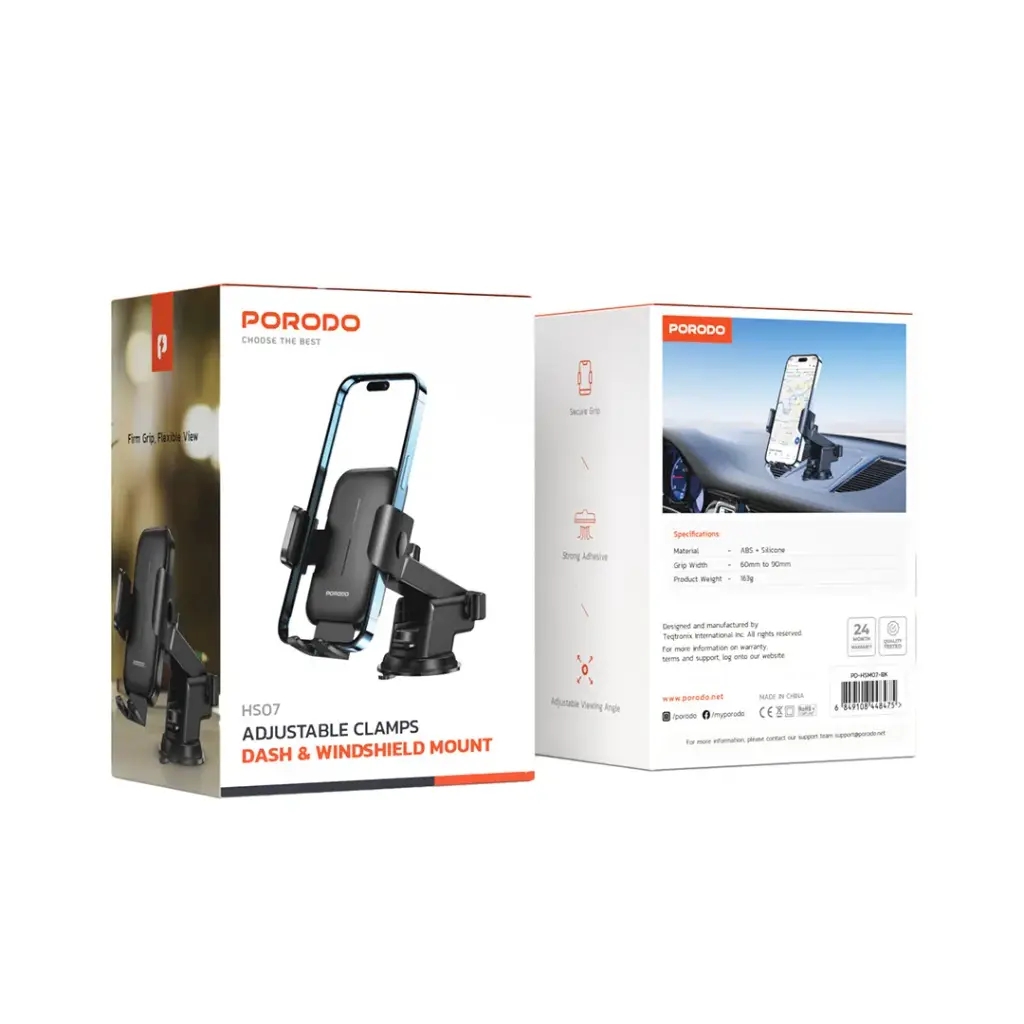 Porodo Adjustable Clamps Dash & Windshield Mount - Black