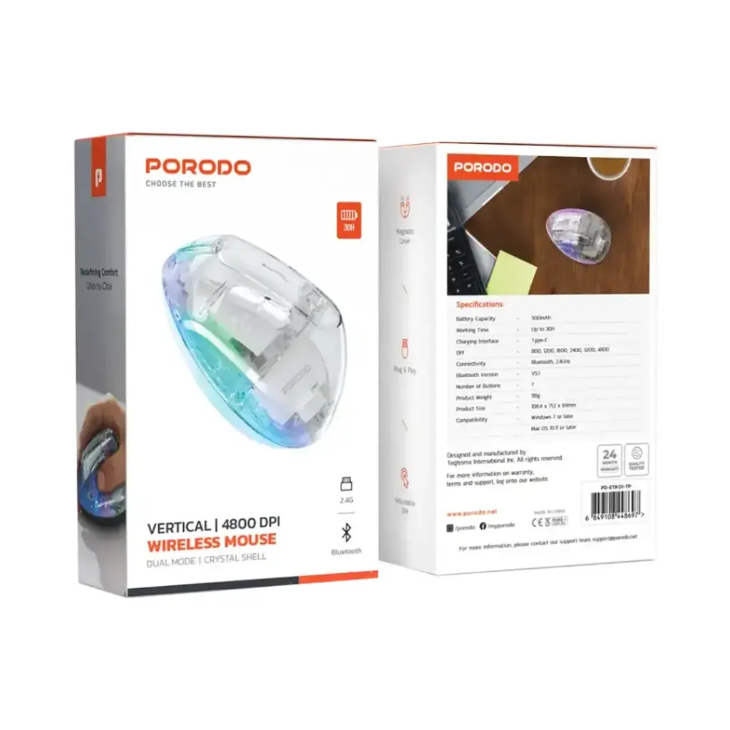 Porodo Vertical 4800 DPI Wireless Mouse - Transparent