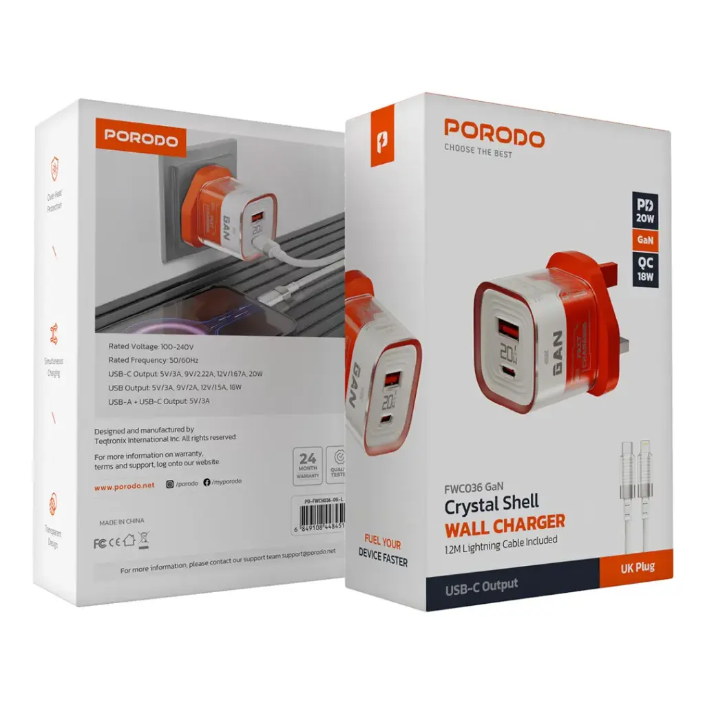 Porodo Crystal Shell GaN Wall Charger 1.2m USB-C/Lightning Cable Included - Orange