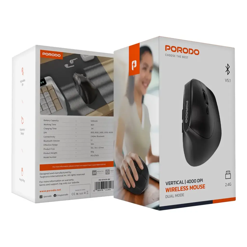 Porodo Vertical 4000 DPI Wireless Mouse - Black