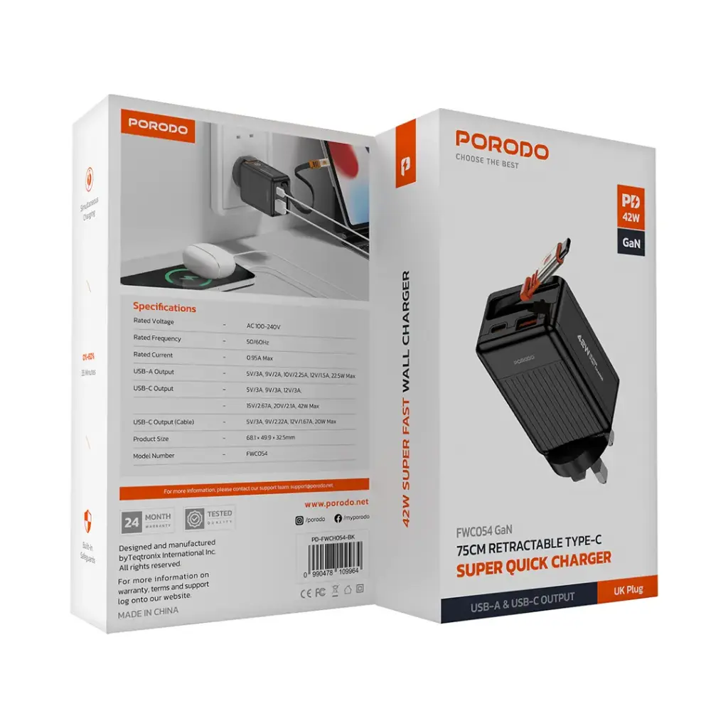 Porodo 75cm Retractable Type-C Super Quick GaN Charger