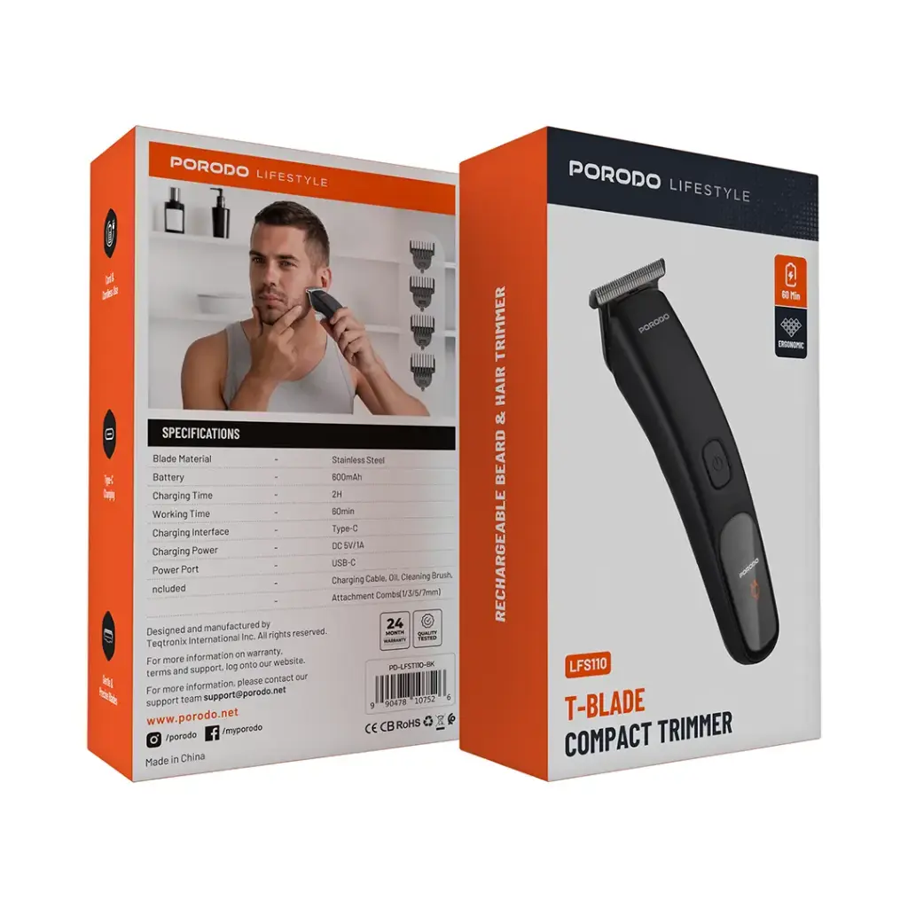 Porodo Lifestyle T-Blade Hair Trimmer 600mAh - Black