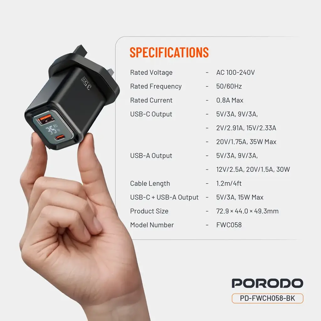 Porodo Dual-Port | Digital Display Quick Charger (with C to C / C to L Cable) - Black