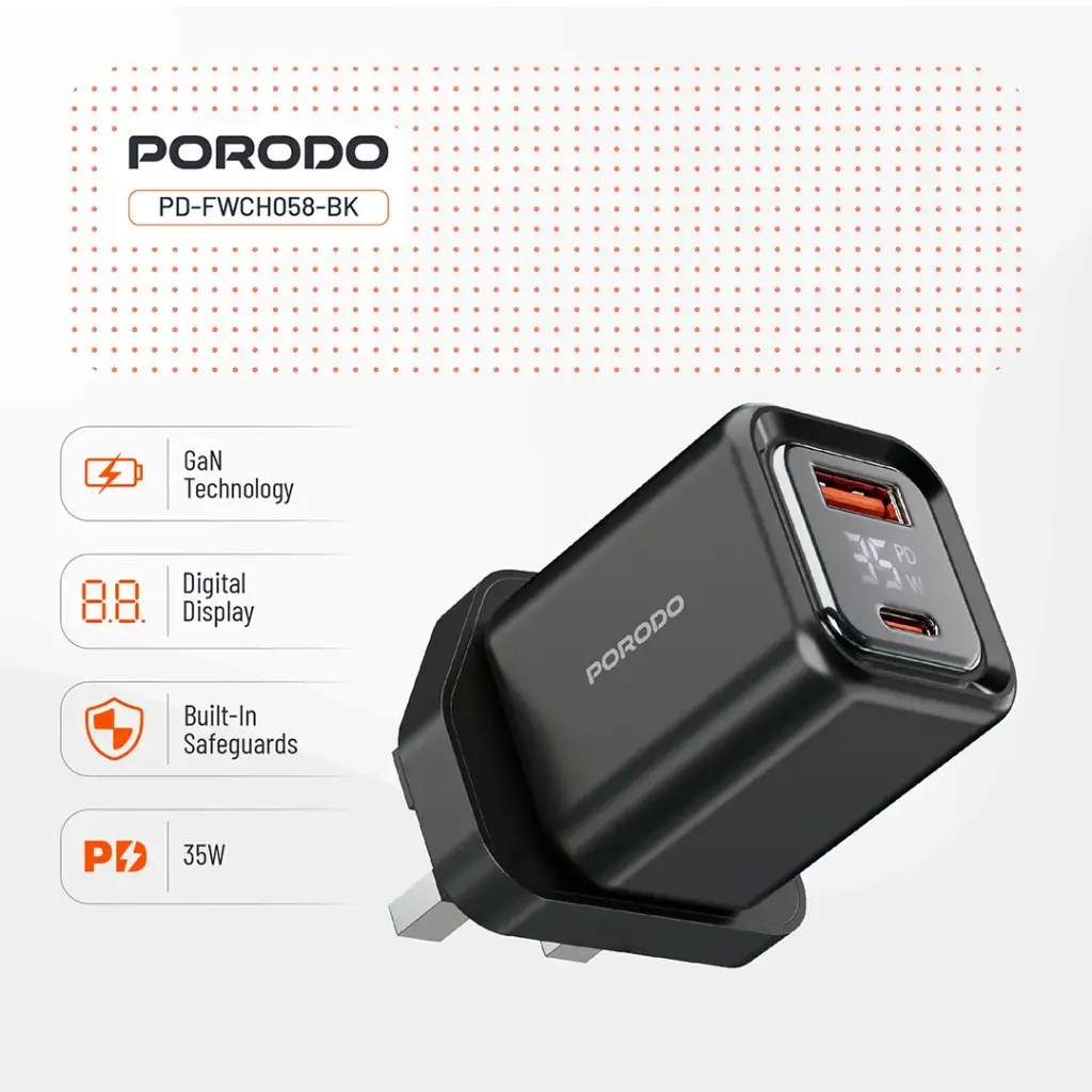 Porodo Dual-Port | Digital Display Quick Charger (with C to C / C to L Cable) - Black