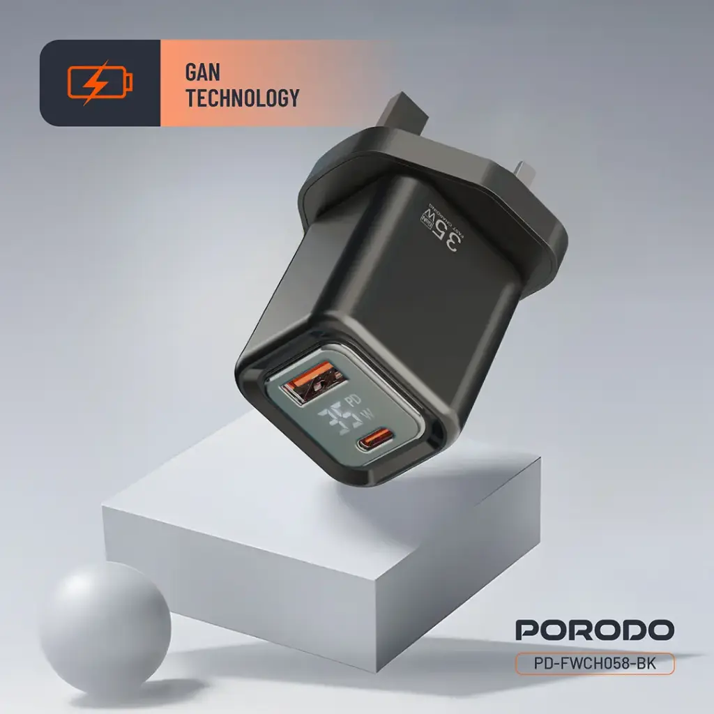 Porodo Dual-Port | Digital Display Quick Charger (with C to C / C to L Cable) - Black