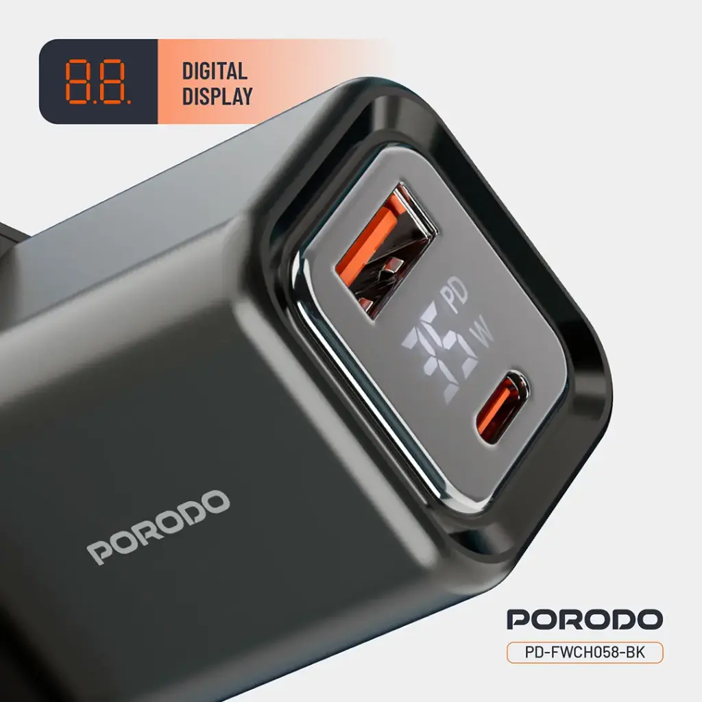 Porodo Dual-Port | Digital Display Quick Charger (with C to C / C to L Cable) - Black