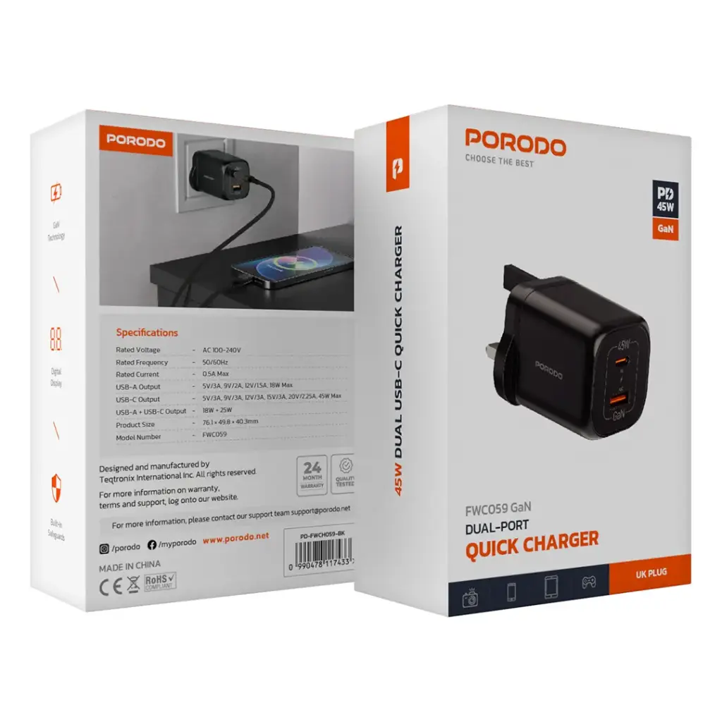 Porodo Dual-Port Quick Charger - Black