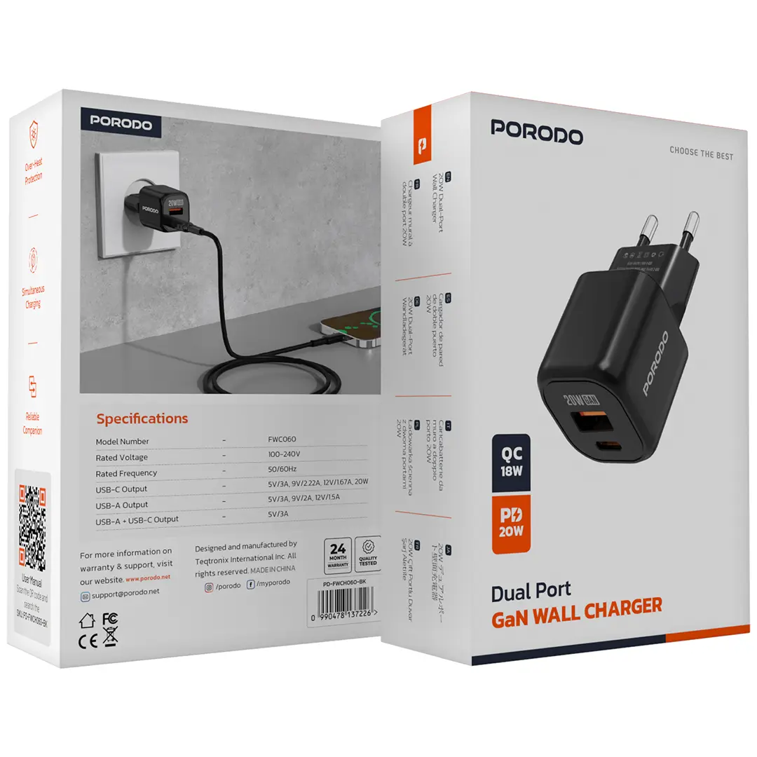 Porodo Dual Port Wall Charger - Black.webp
