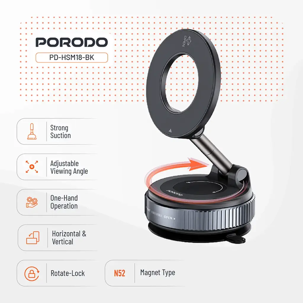 Porodo Vacuseal Rotate-Lock MagSafe Mount - Black