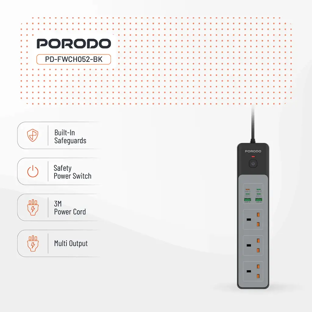 Porodo 3AC | 45W | 300W Power Strip - Black