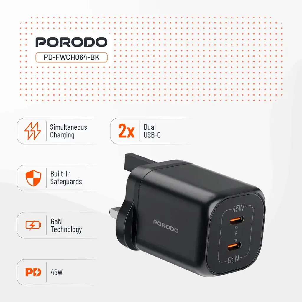 Porodo Dual USB-C Quick Charger - Black