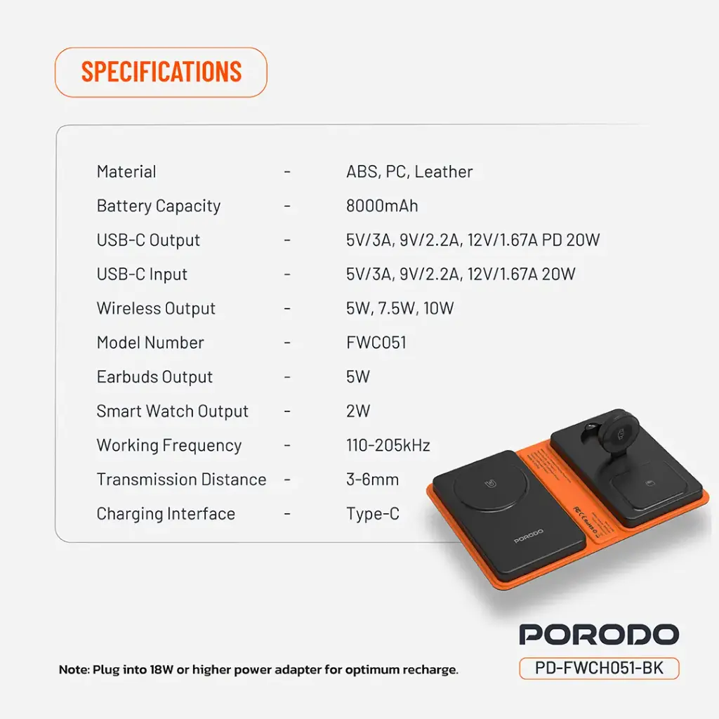 Porodo 8000mAh Folding 4-Device Charger - Black