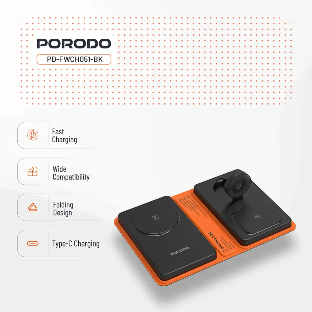 Porodo 8000mAh Folding 4-Device Charger - Black