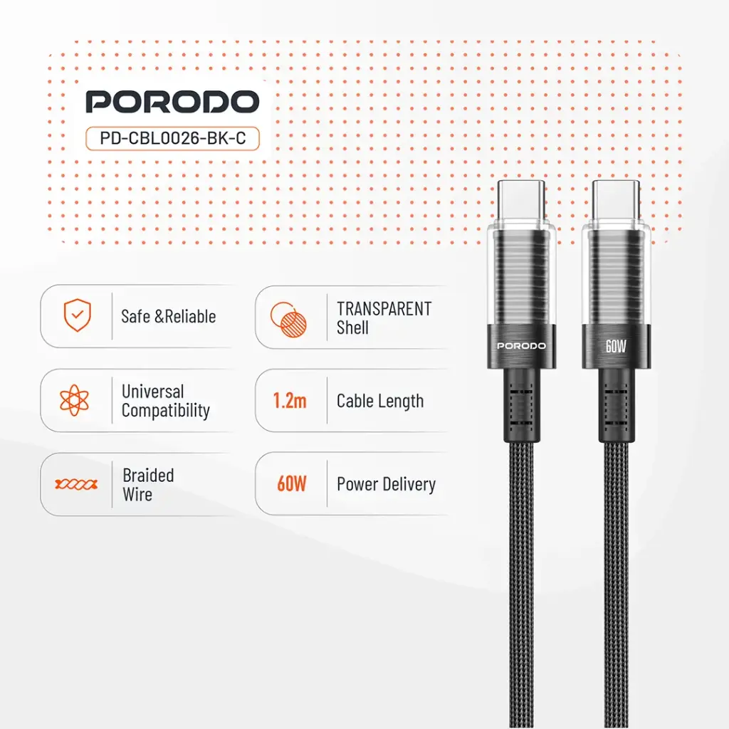 Porodo Transparent Shell USB-C To USB-C Cable - Black