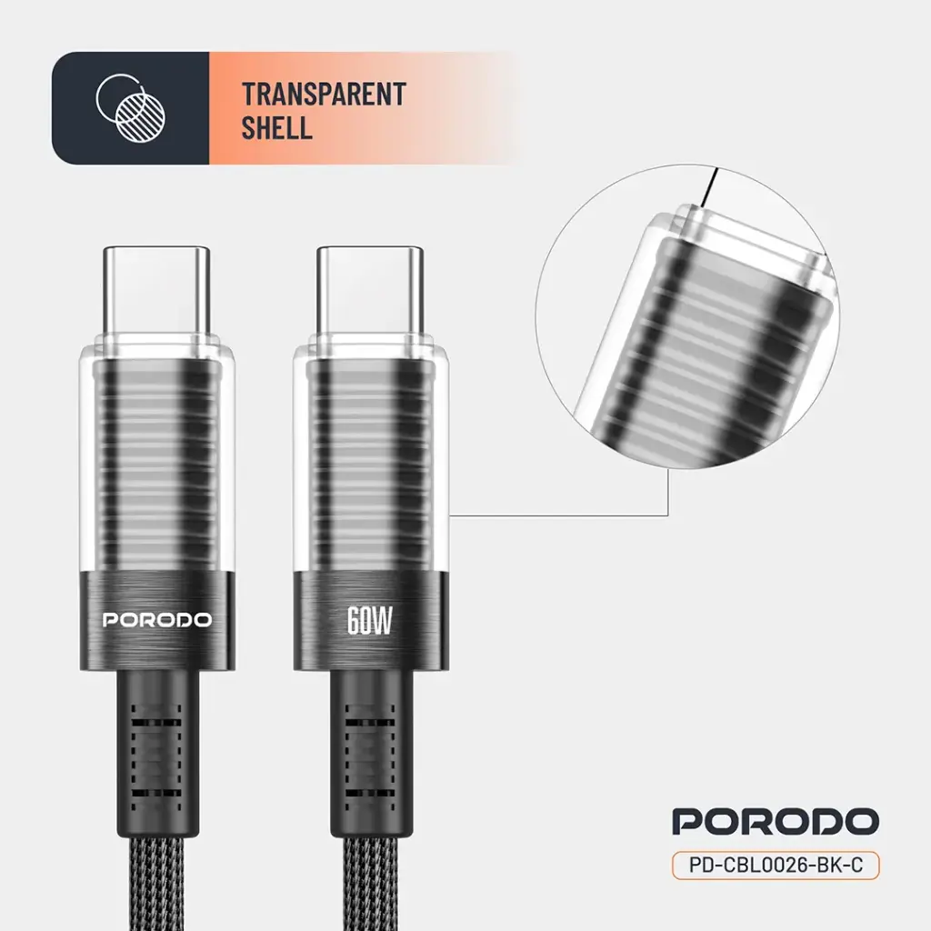 Porodo Transparent Shell USB-C To USB-C Cable - Black