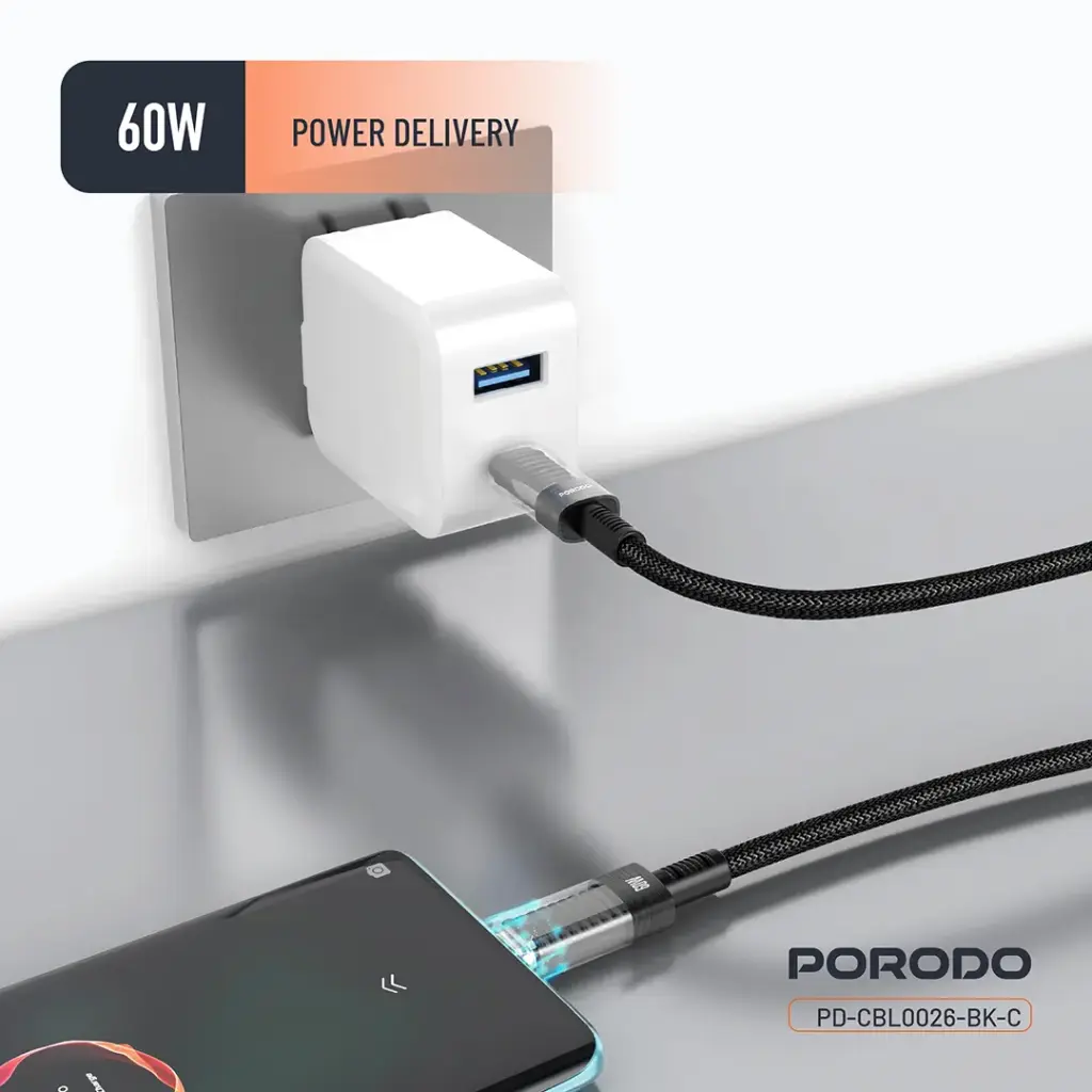 Porodo Transparent Shell USB-C To USB-C Cable - Black