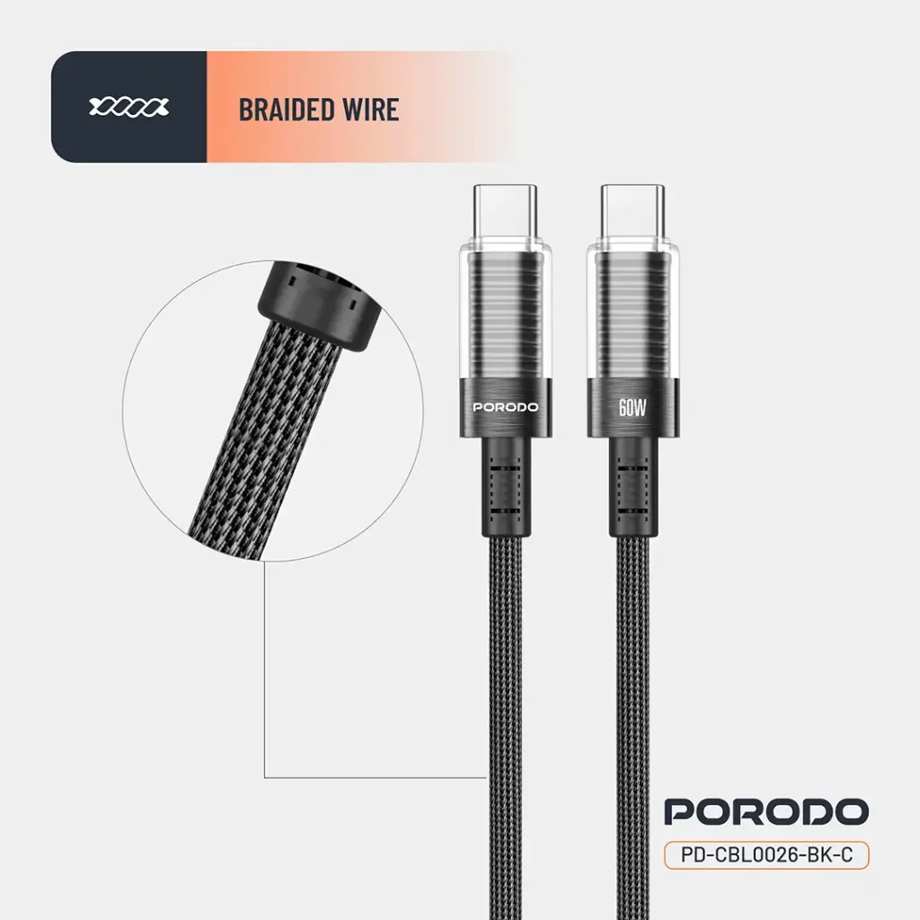 Porodo Transparent Shell USB-C To USB-C Cable - Black