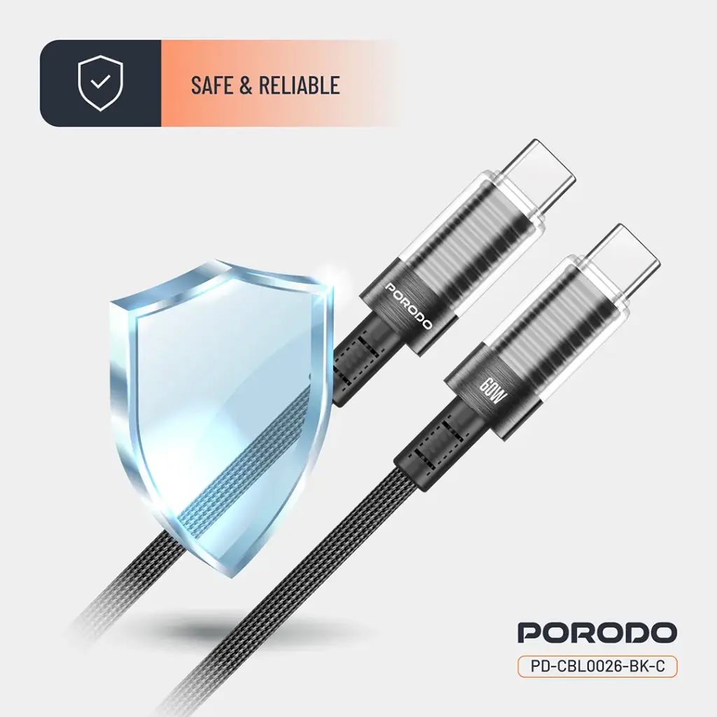 Porodo Transparent Shell USB-C To USB-C Cable - Black