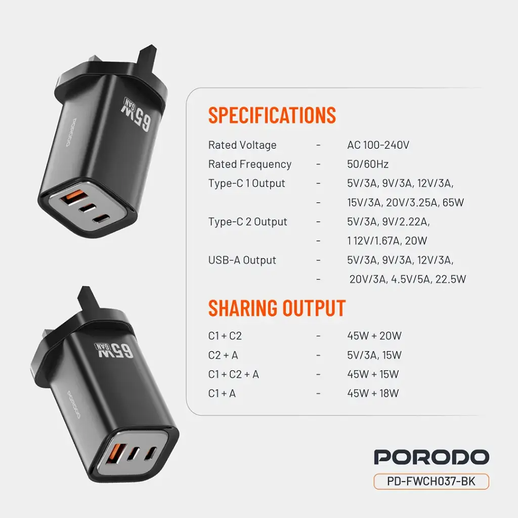 Porodo 65W Triple Output Quick Wall Charger - Black