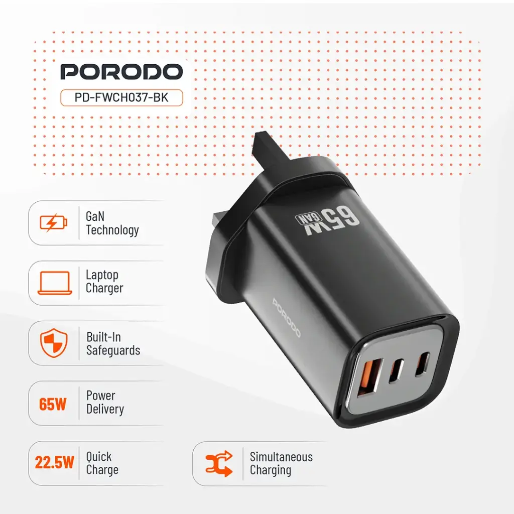 Porodo 65W Triple Output Quick Wall Charger - Black