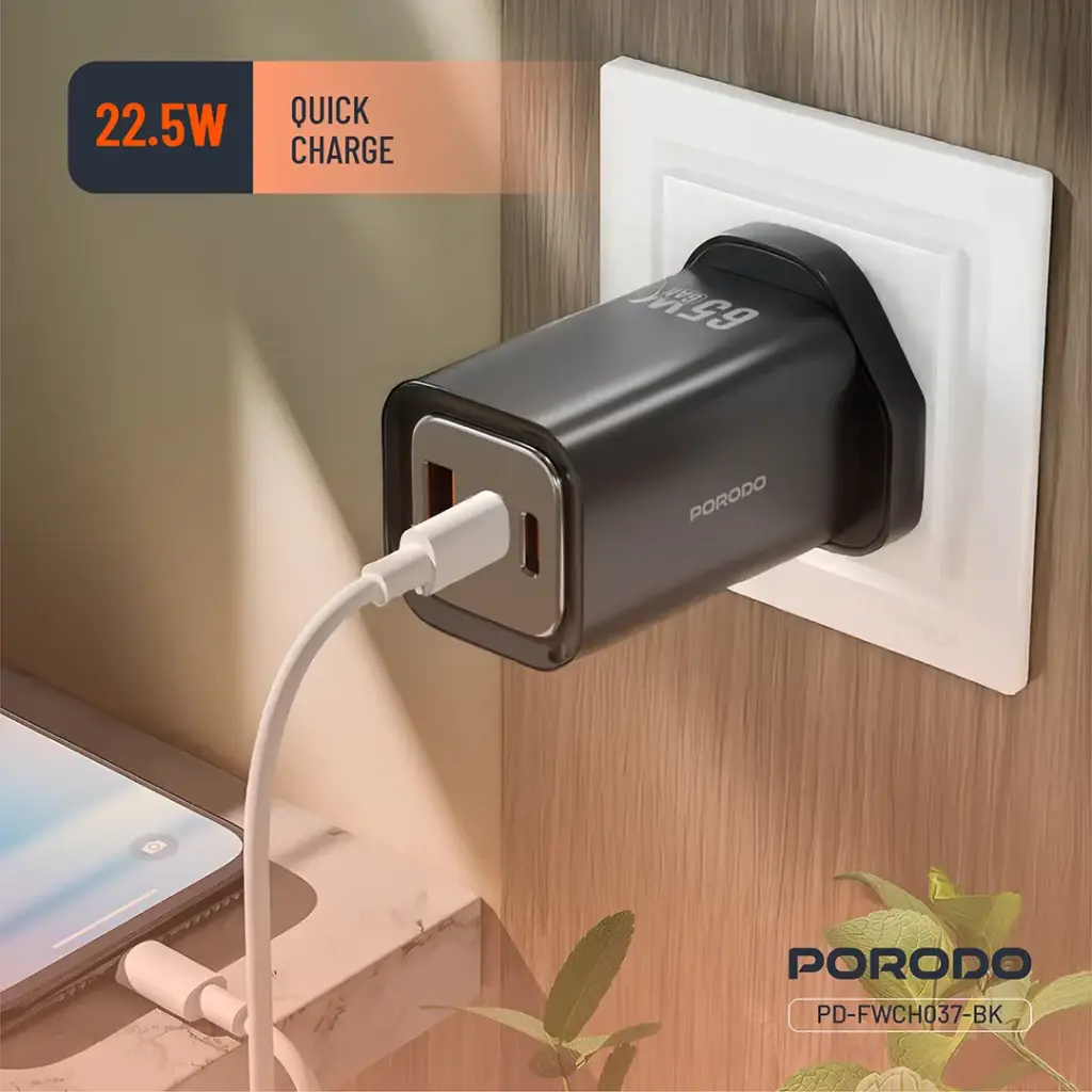 Porodo 65W Triple Output Quick Wall Charger - Black