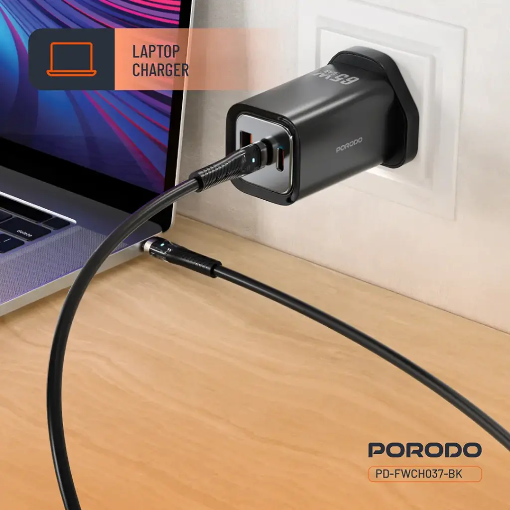 Porodo 65W Triple Output Quick Wall Charger - Black