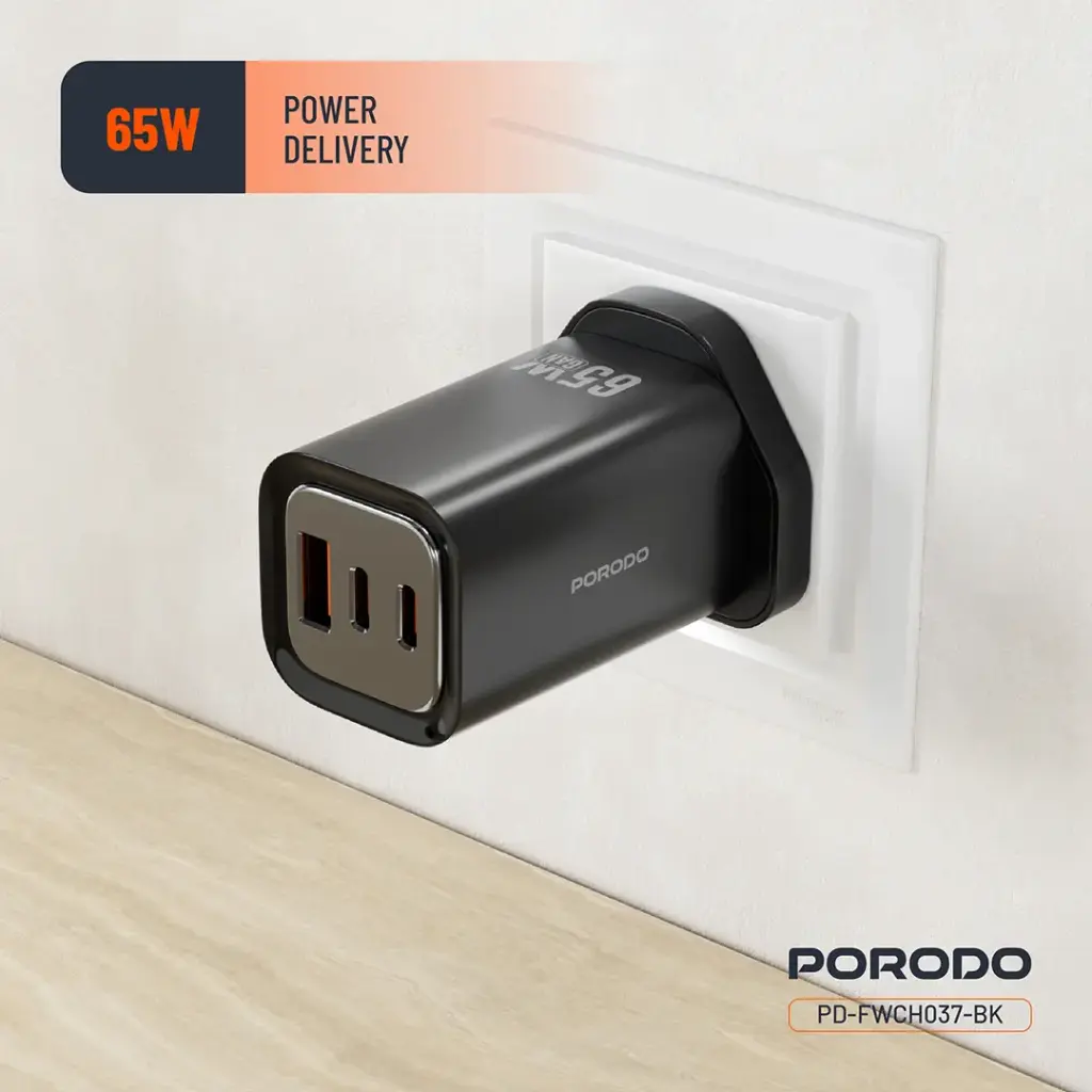 Porodo 65W Triple Output Quick Wall Charger - Black