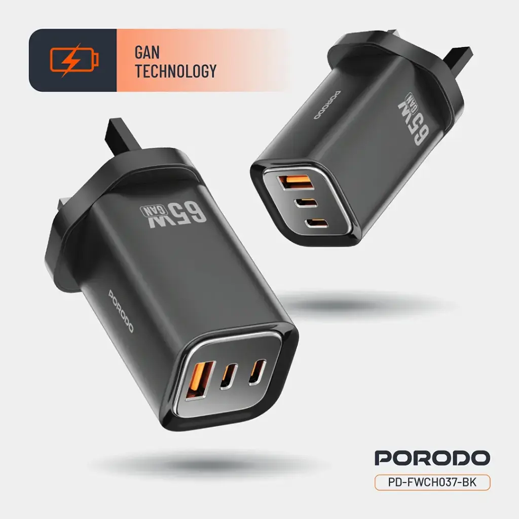 Porodo 65W Triple Output Quick Wall Charger - Black