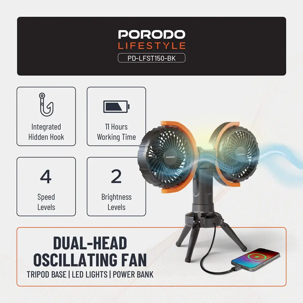 Porodo Lifestyle Dual-Head Oscillating Fan - Black