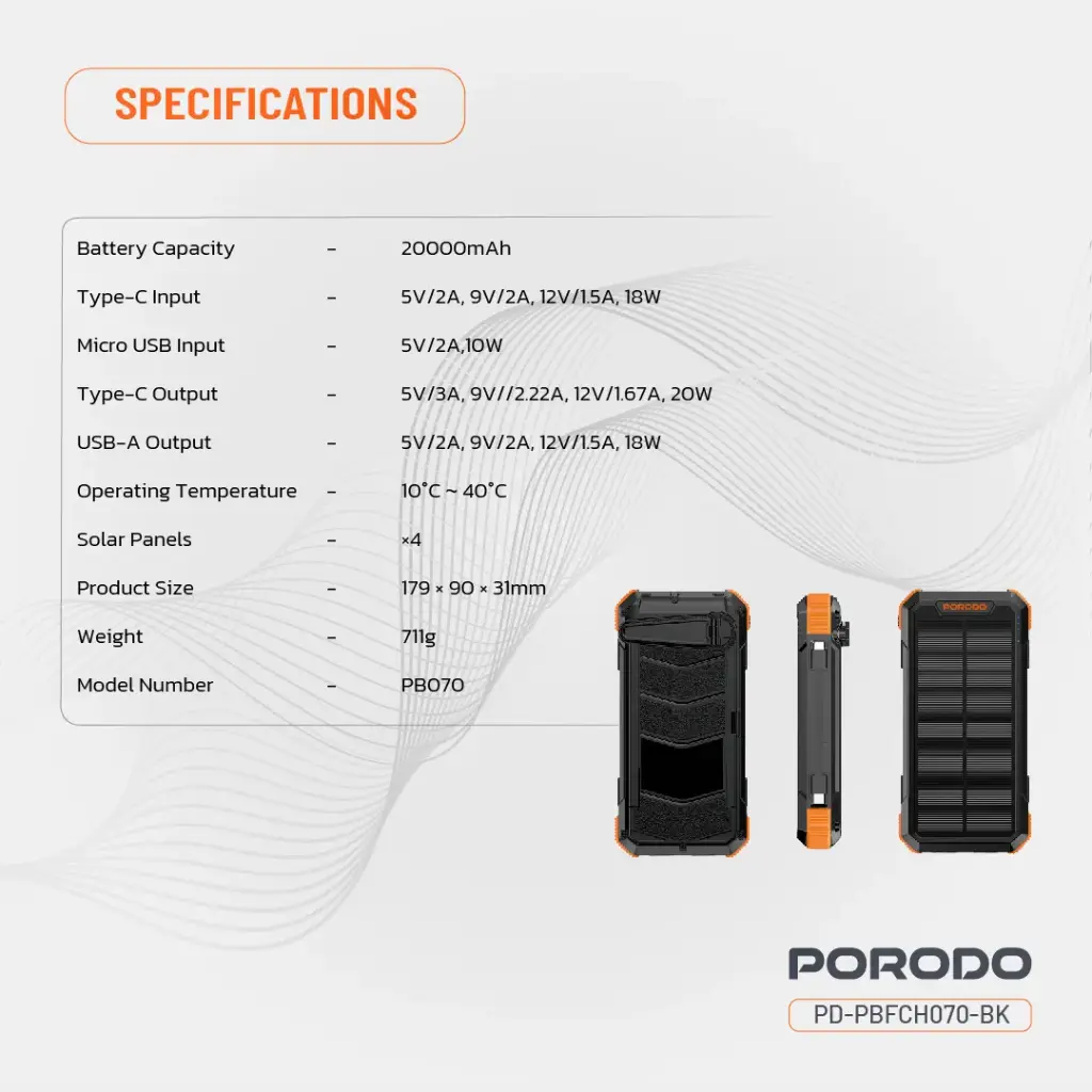 Porodo Power Bank 20000mAh 4-Panel Solar - Black