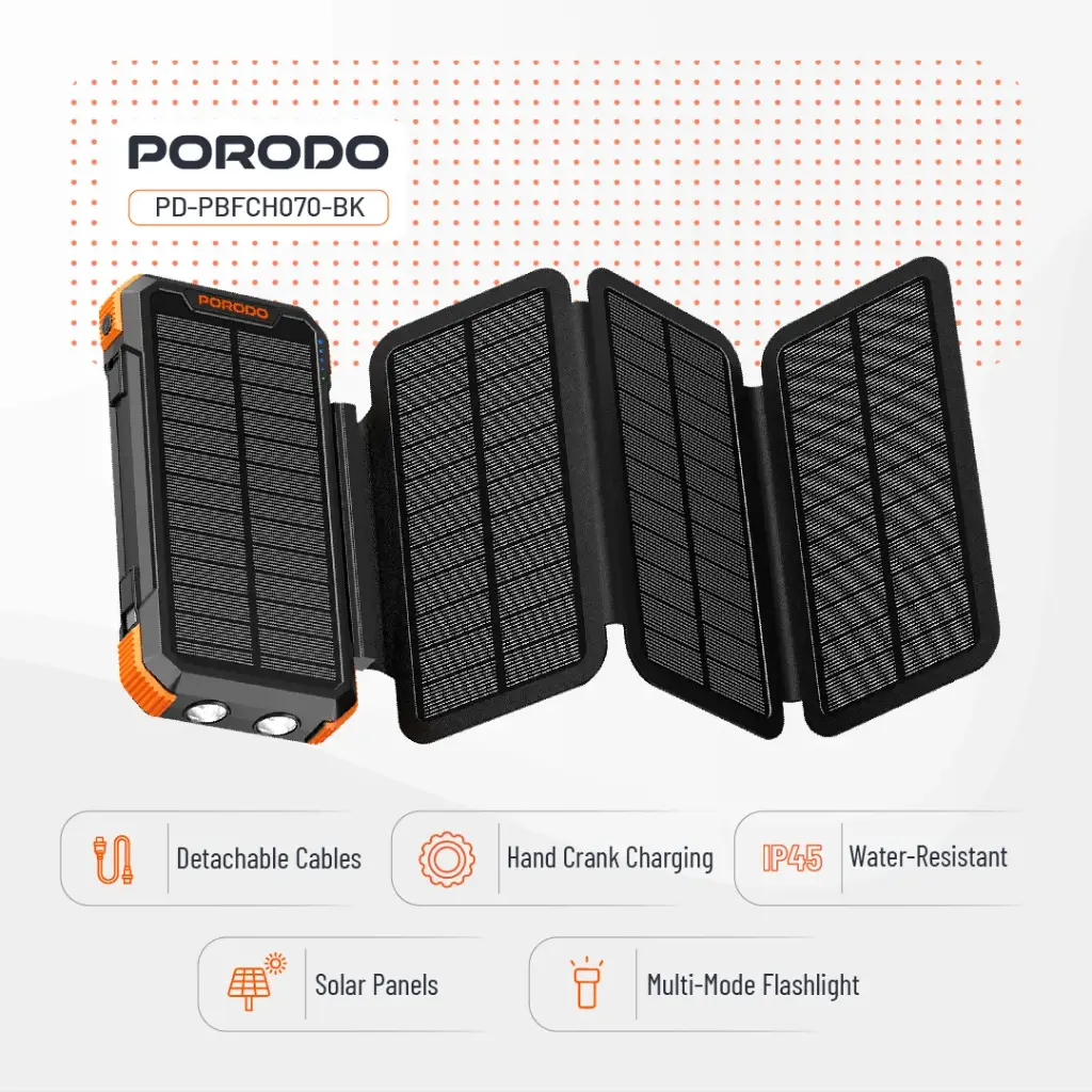 Porodo Power Bank 20000mAh 4-Panel Solar - Black