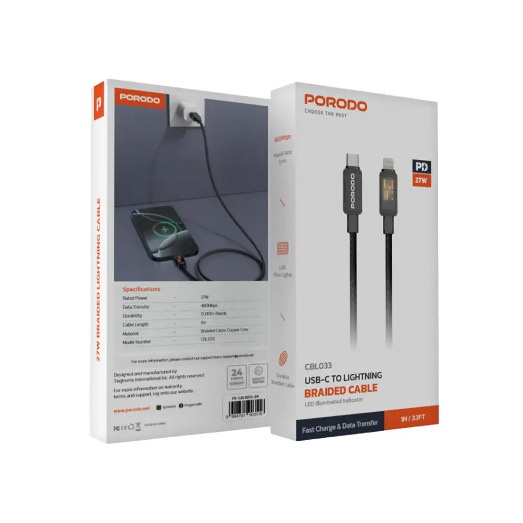 Porodo USB-C to USB-C/Lightning Braided Cable - Black