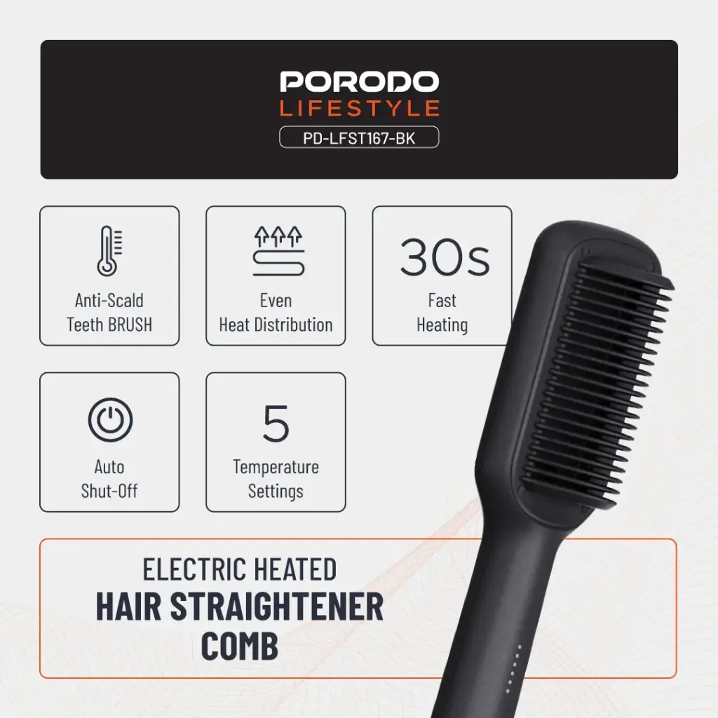 Porodo Lifestyle Electric Heated Hair Straightener Comb - Black