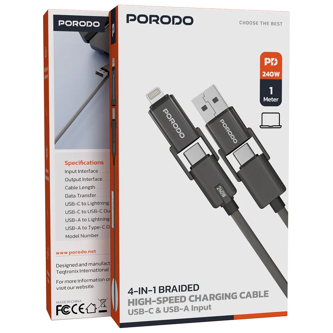 Porodo 4-In-1 Braided High-Speed Charging Cable - Black.webp