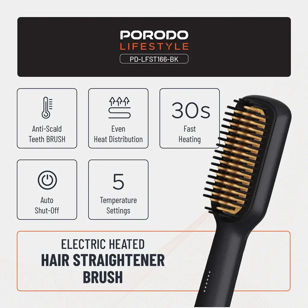 Porodo Lifestyle Electric Heated Hair Straightener Brush - Black