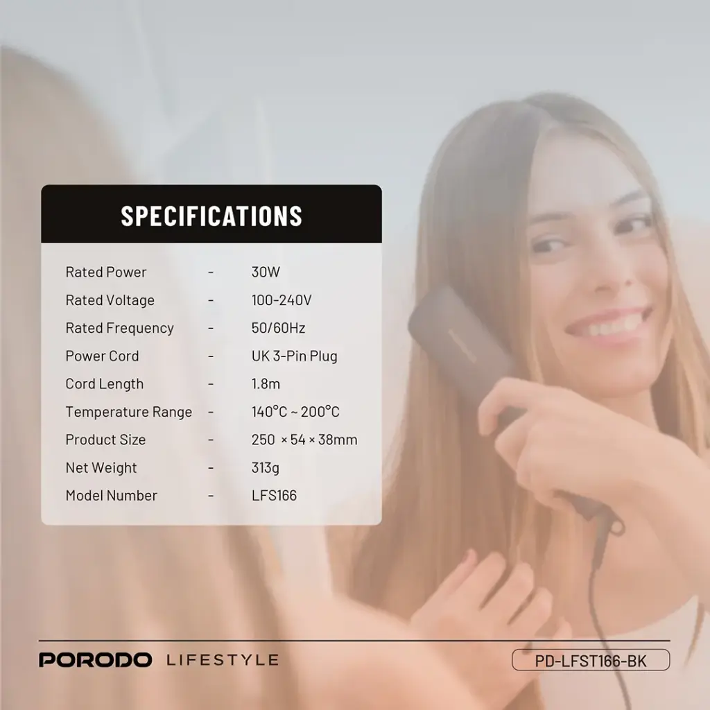Porodo Lifestyle Electric Heated Hair Straightener Brush - Black
