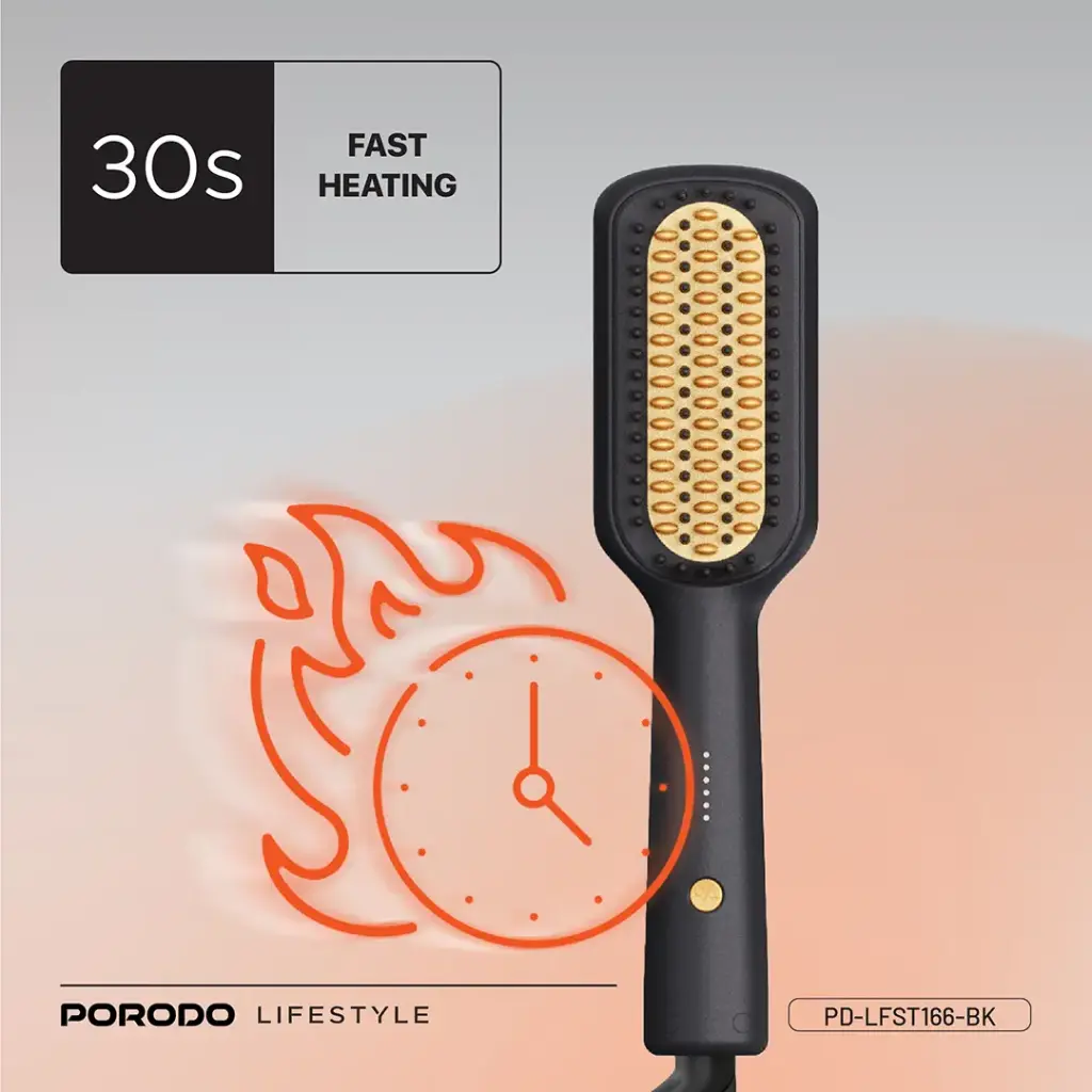 Porodo Lifestyle Electric Heated Hair Straightener Brush - Black