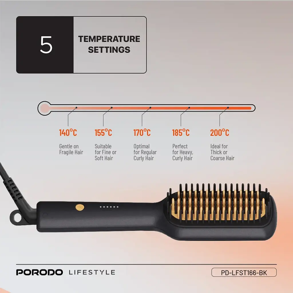 Porodo Lifestyle Electric Heated Hair Straightener Brush - Black