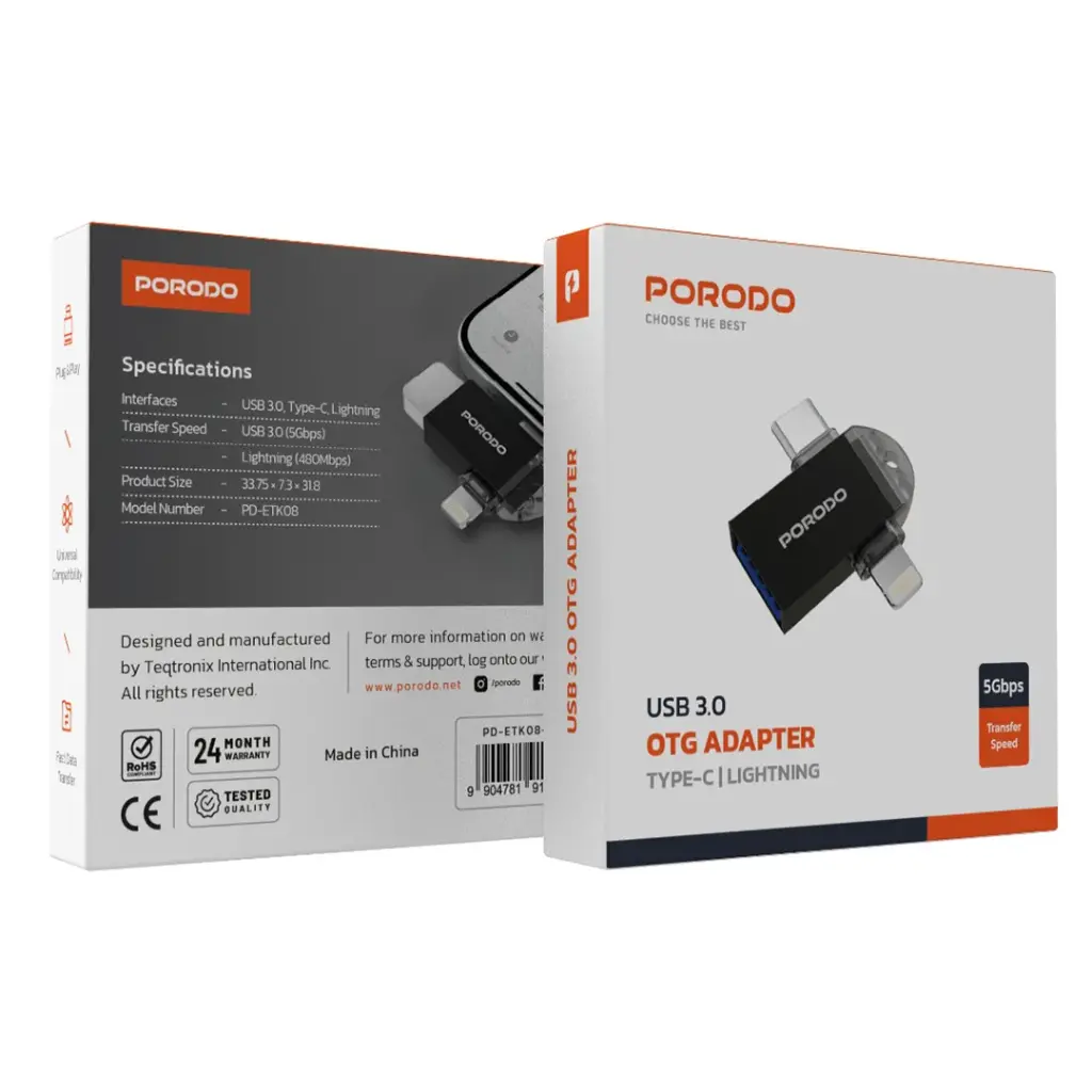 Porodo 3-in-1 OTG Adapter - Black