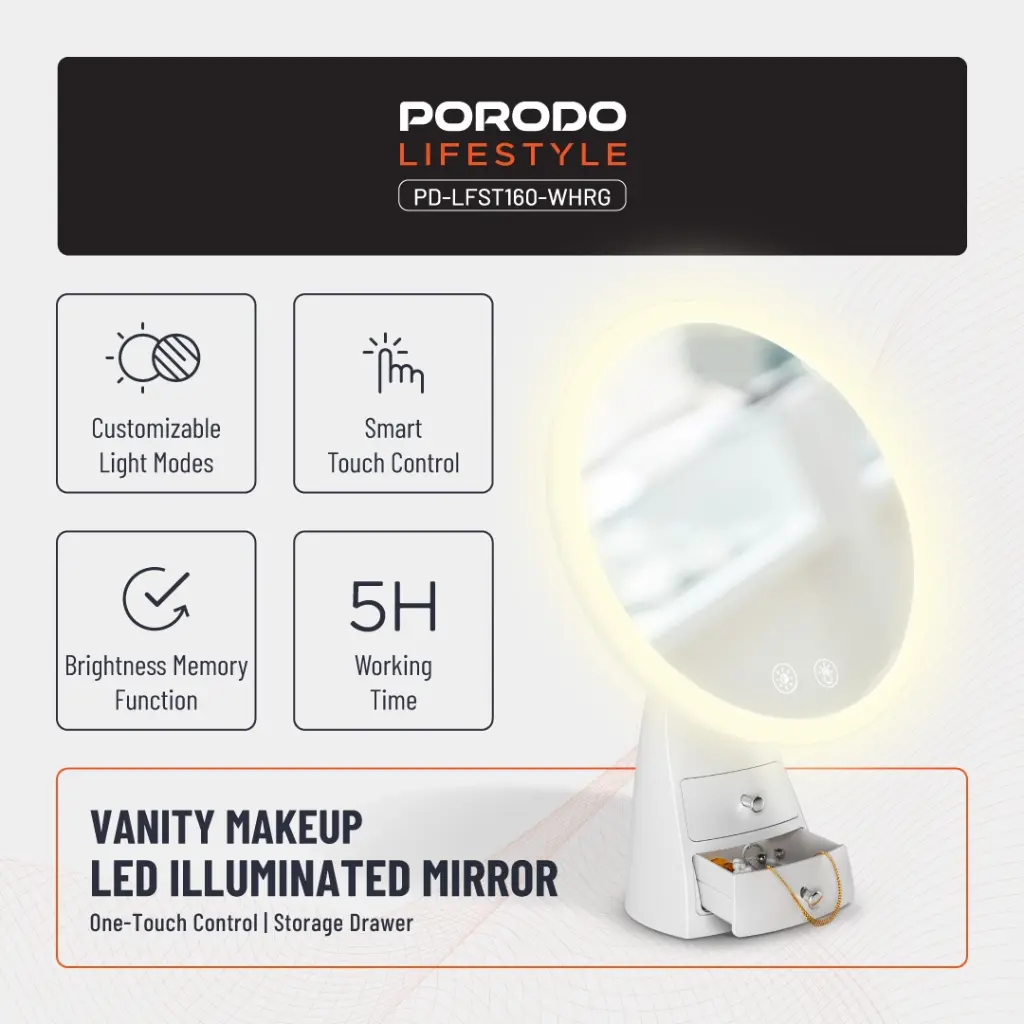 Porodo lifestyle Led Illuminated Mirror - White/Rose Gold