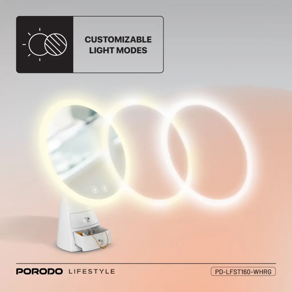 Porodo lifestyle Led Illuminated Mirror - White/Rose Gold