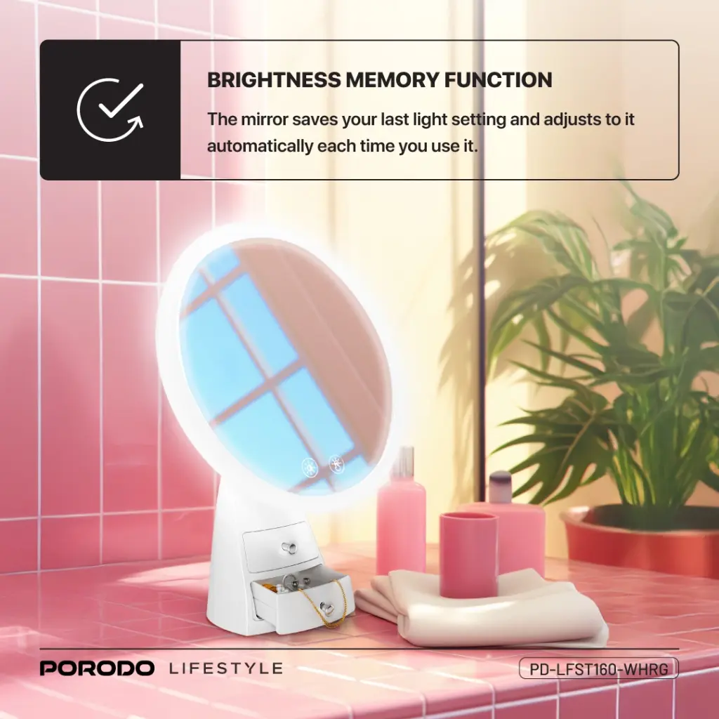 Porodo lifestyle Led Illuminated Mirror - White/Rose Gold