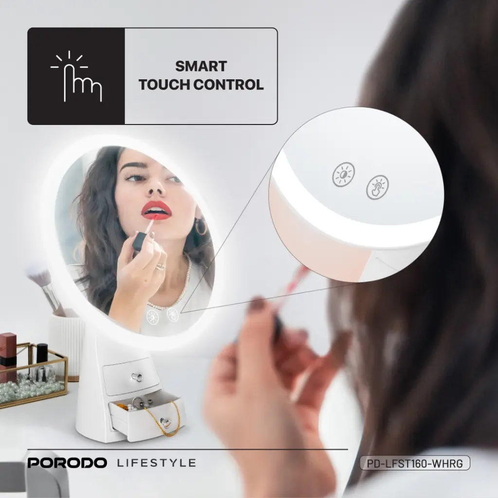 Porodo lifestyle Led Illuminated Mirror - White/Rose Gold